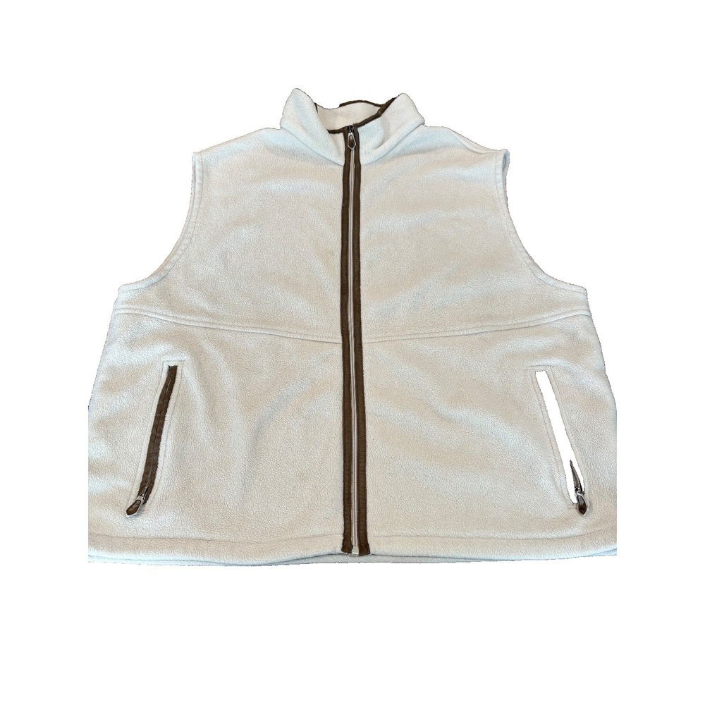 fleece vest with brown trim‎ full zip sweater leather pulls collar unisex sz XL